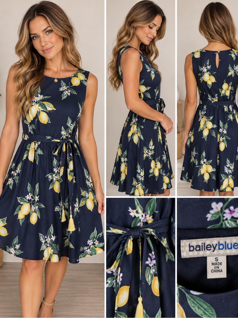 bailey blue Navy Lemon Print Sleeveless Tie-Waist Dress